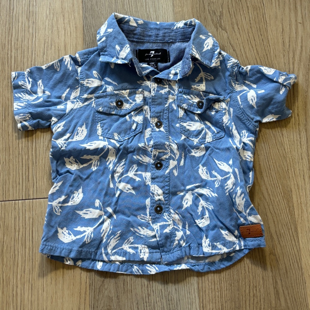 7 For All Mankind Baby Shirt 12M Blue Floral Button-Down Top